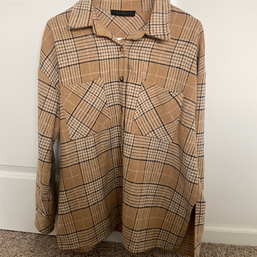 Dance & Marvel Tan Plaid Button Down Shirt